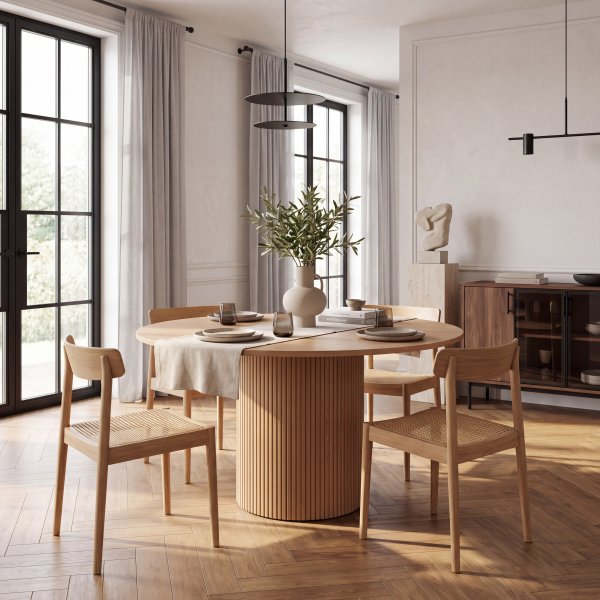Matbord Nova Ø130–170 cm | Runt matbord med iläggsskiva i Whitewash Matbord Nova Ø130–170 cm | Runt matbord med iläggsskiva i Whitewash