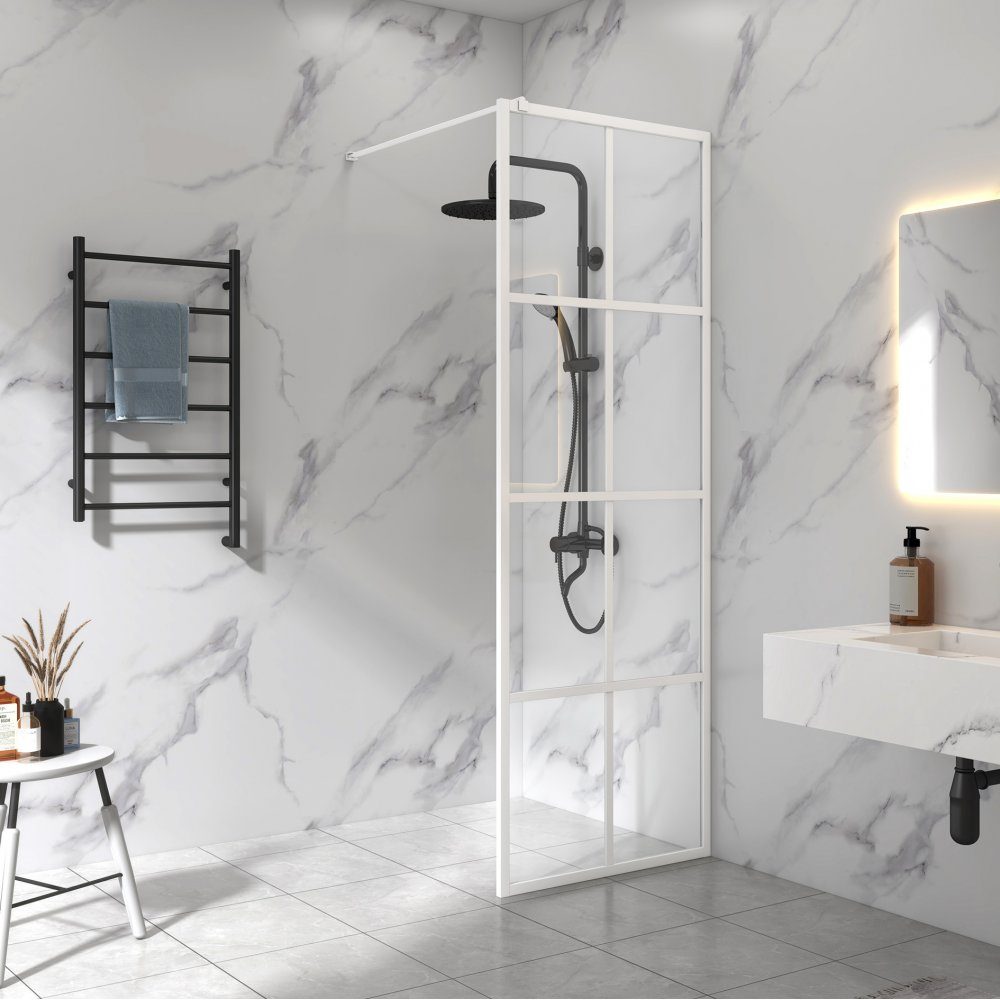 Duschvägg vit spröjs 60x200cm | 6mm säkerhetsglas | Industridesign | Duschvägg med vita profiler. Storlek: 60x200cm.