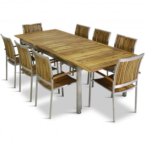Frlngningsbart bord 200-250cm + 8 stolar - Rostfritt stl och oljad Acacia