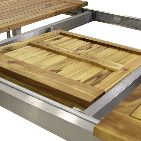 F�rl�ngningsbart bord 200-250cm + 8 stolar - Rostfritt st�l och oljad Acacia