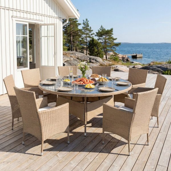 Rund matgrupp 8 stolar i beige � Tyl�sand