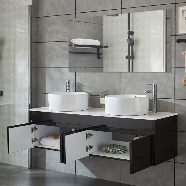 Badrumspaket 150cm | Kommod med dubbelhandfat & spegel | Svart