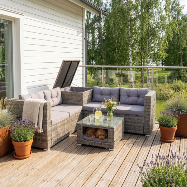 Soffgrupp med dynf�rvaring � H�rnsoffa & bord i gr�tt | Lilla Djursvik