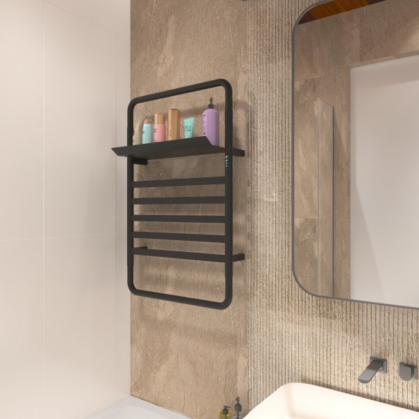 Svart handdukstork med timer och hylla | 600x900 mm | Stilren elmodell