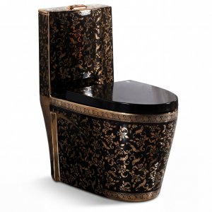 Lyxig svart toalett med gulddetaljer � S-trap 300 mm WC