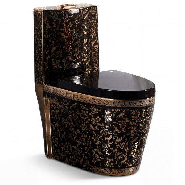 Lyxig svart toalett med gulddetaljer � S-trap 300 mm WC