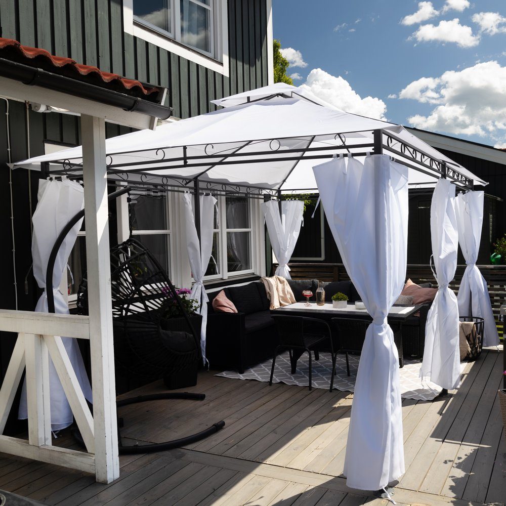 Paviljong 4x3m med väggar | Vit | Polyester | Praktiskt och elegant 4 x 3 m trädgårdspaviljong av god kvalitet på material, som skyddar uteplatsen mot