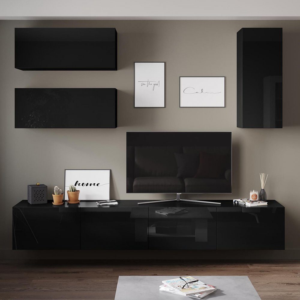 Tv-b&auml;nk inkl. hyllor 41x240 cm  V&auml;ggh&auml;ngd  Badachro  Svart  V&auml;ggh&auml;ngt TV-m&ouml;belpaket