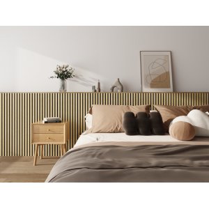Trälamell akustikpanel | 2400x600x18mm | Tvådelad | Vit ek Trälamell akustikpanel | 2400x600x18mm | Tvådelad | Vit ek
