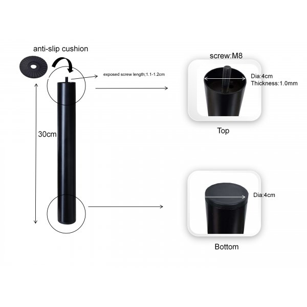 Ben till mediab�nk 30 cm Svart � M�belf�tter �4 cm med M6-g�nga