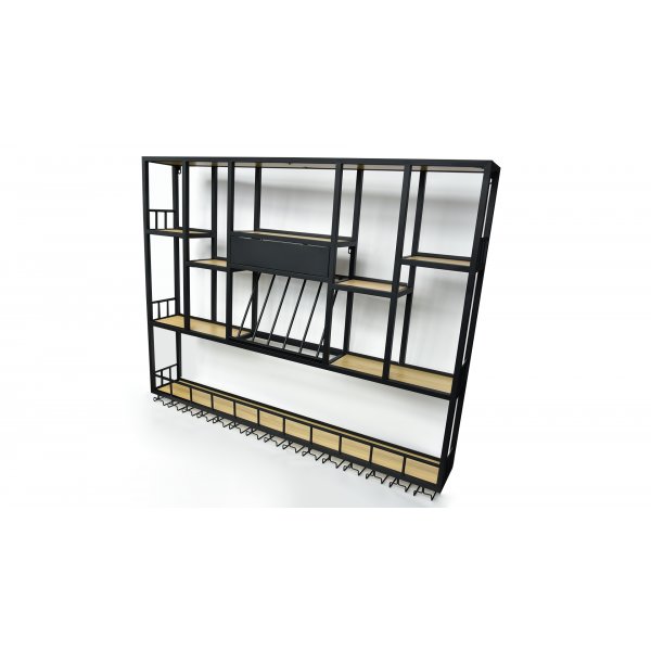 V�ggh�ngd barhylla i svart metall | Vin, glas & flaskf�rvaring | 150 � 120 cm