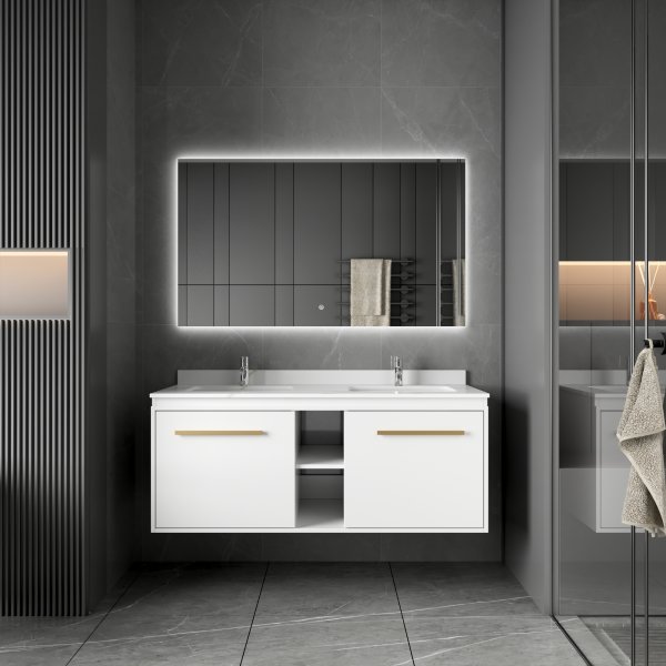 Badrumspaket 120 cm – Kommod med dubbla keramiska tvättställ & LED-spegel | Mjukstängning Badrumspaket 120 cm – Kommod med dubbla keramiska tvättställ & LED-spegel | Mjukstängning