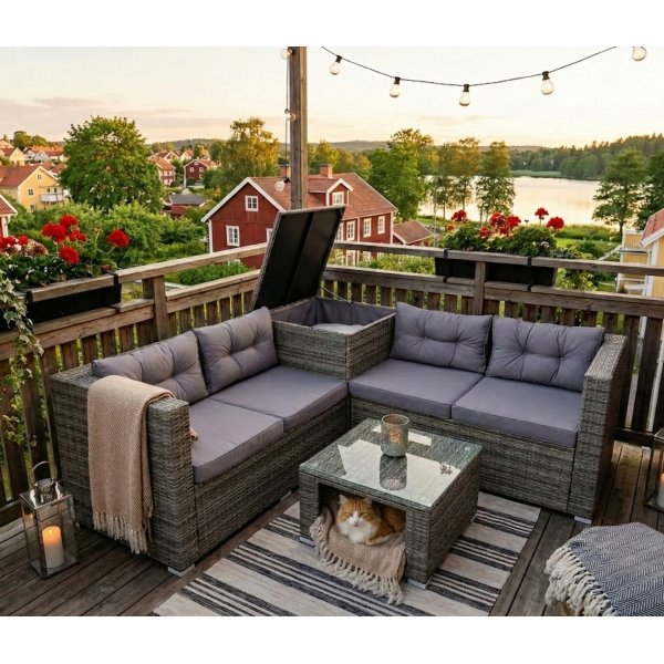 Soffgrupp med dynf�rvaring � H�rnsoffa & bord i gr�tt | Lilla Djursvik