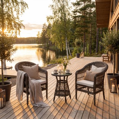 Utegrupp i konstrotting | 2 stolar med sidobord | Camilla Cafeset | Utegrupp i naturfärgad konstrotting