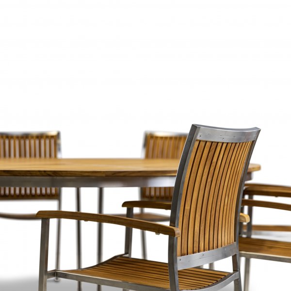 Stor rund trädgårdsgrupp i teak / rostfritt stål | Bord & 8 stolar Stor rund trädgårdsgrupp i teak / rostfritt stål | Bord & 8 stolar