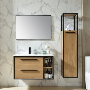 Industria Badrumspaket 90 cm – Kommod, keramiskt tvättställ, spegel & sidoskåp | Trä/Svart Industria Badrumspaket 90 cm – Kommod, keramiskt tvättställ, spegel & sidoskåp | Trä/Svart