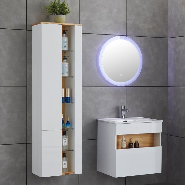 Badrumspaket | Kommod, LED-spegel och hgskp | Hgblank vit