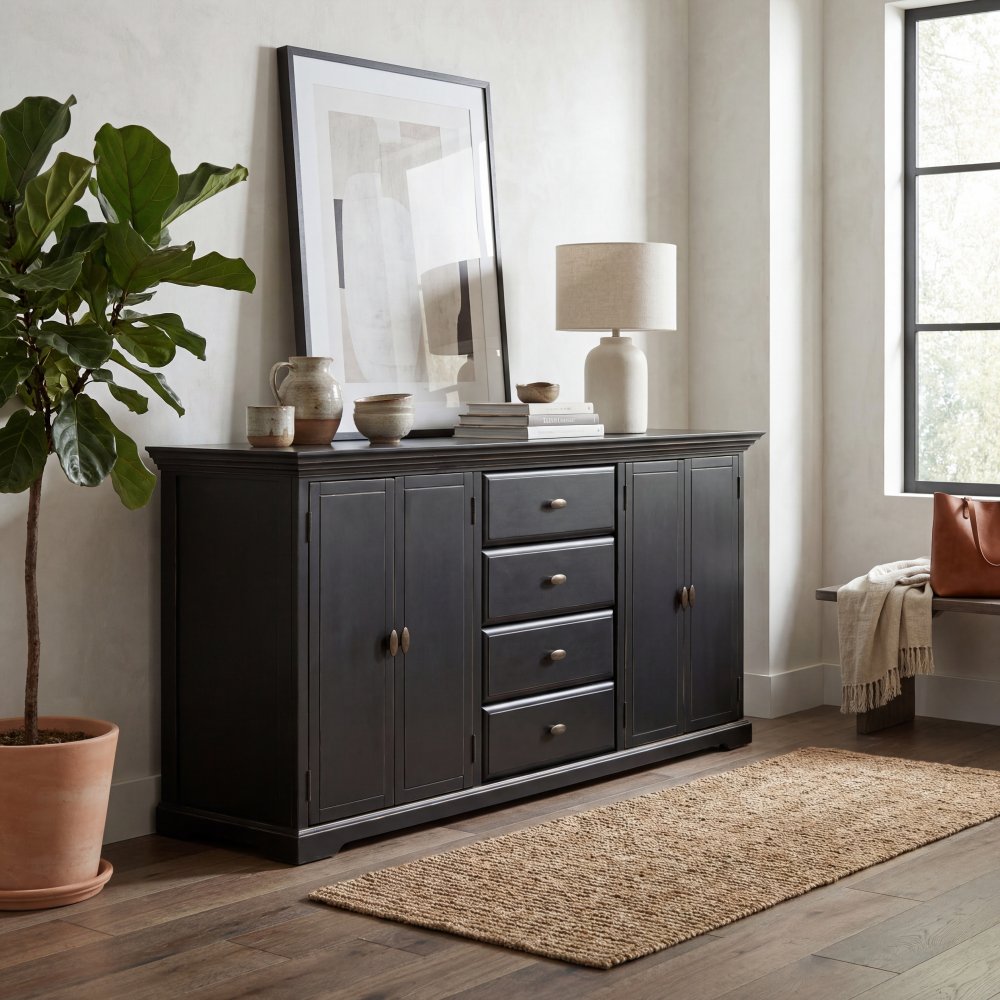Skänk Svart 180 cm med 2 Skåp och 4 Lådor  Antik Vintage  Paris