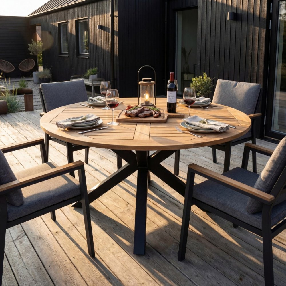 runt utebord akacia  ø150 cm  svarta ben  höjd 78 cm