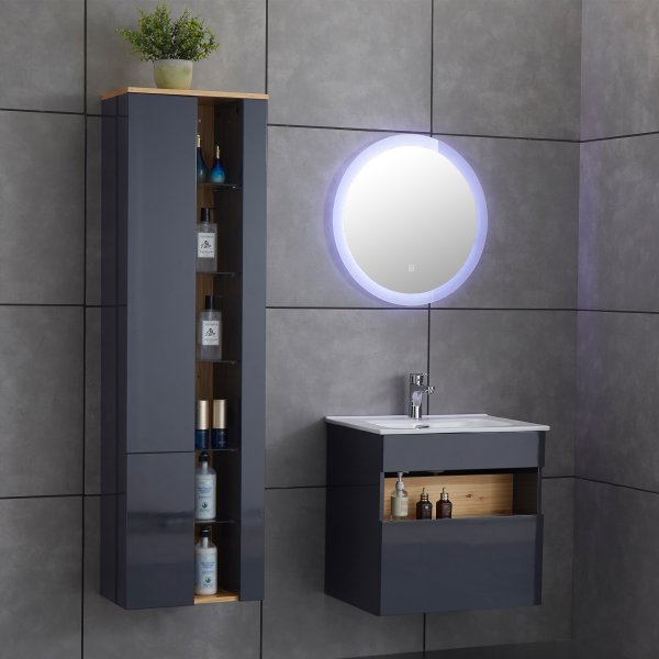 Badrumspaket | Kommod, LED-spegel och hgskp | Hgblank gr