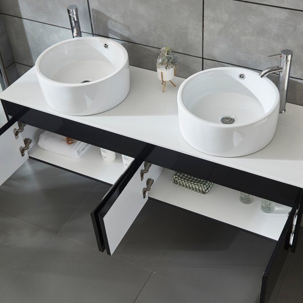 Badrumspaket 150cm | Kommod med dubbelhandfat & spegel | Svart