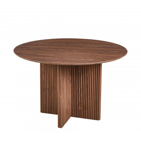 Runt matbord 120 cm i valn�t med r�fflade tr�ben och plats f�r 4�5 personer | Crossby