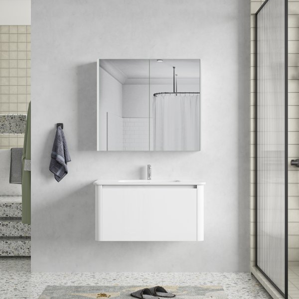 Badrumspaket 80 cm  Kommod & keramiskt tvttstll med spegelskp | Mjukstngning | Modern design