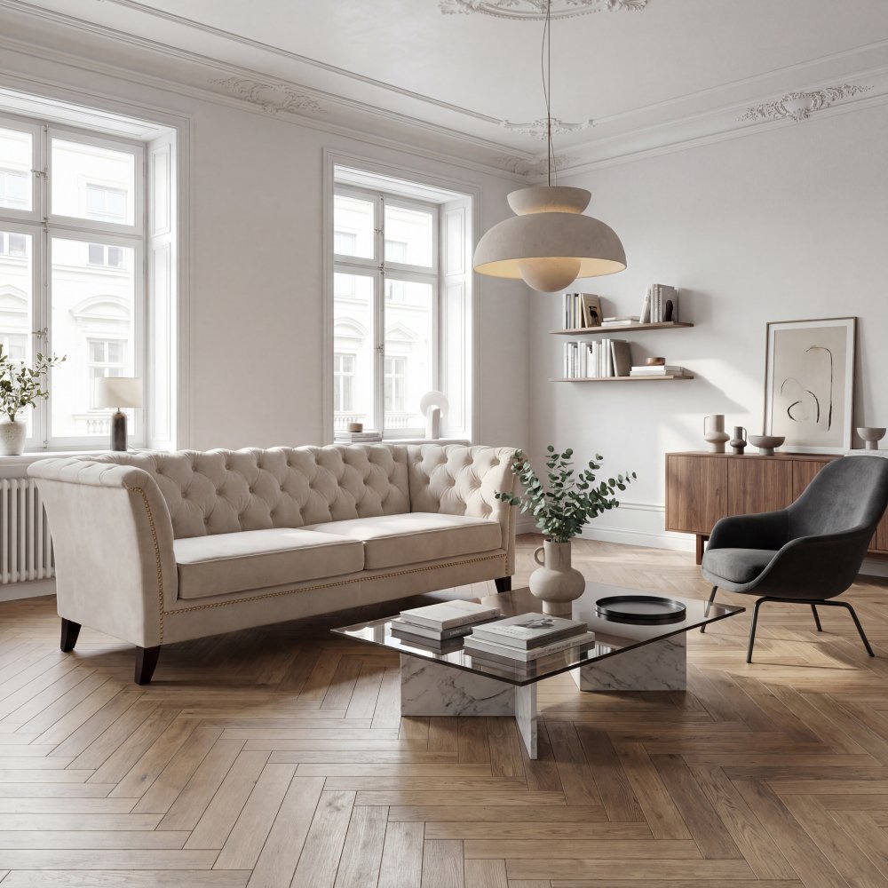 Chesterfieldsoffa 3-sits | Beige sammet, kallskum & avtagbar klädsel | Milton