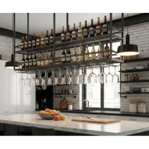 Takhängd vinhylla för köksö | Vin & glashållare | 160×30 cm | Svart Takhängd vinhylla för köksö | Vin & glashållare | 160×30 cm | Svart