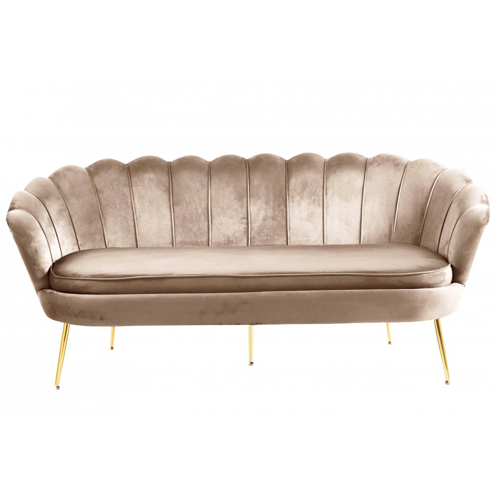 Soffa med 3-sits | Snäckformad design, sammet & mässingsdetaljer | Mörkbeige