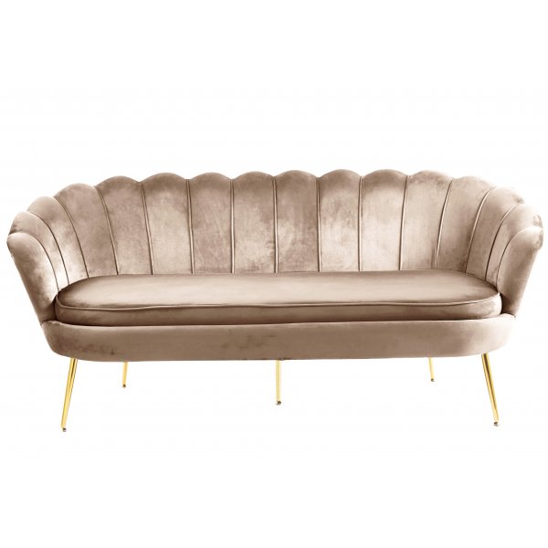 Soffa med 3-sits | Sn�ckformad design, sammet & m�ssingsdetaljer | M�rkbeige