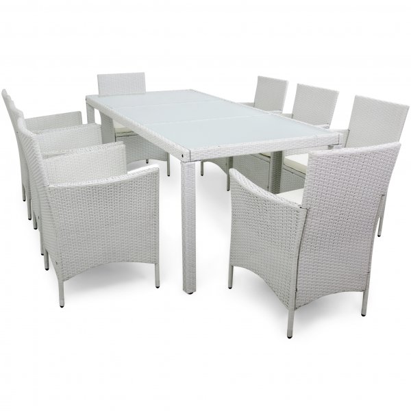 Utembler i vit konstrotting | Matgrupp med 8 stolar | Lyfco Lysekil