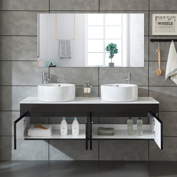 Badrumspaket 150cm | Kommod med dubbelhandfat & spegel | Svart