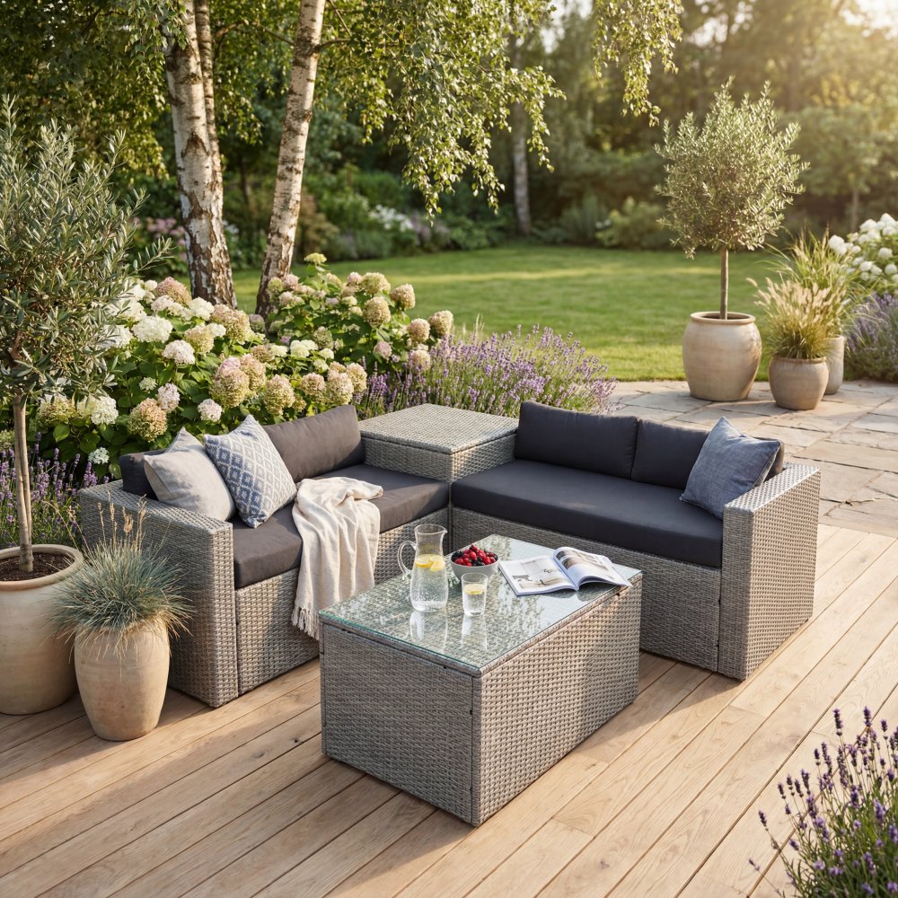 Loungegrupp med dynbox & förvaring | Grå konstrotting | Bord med glasskiva | Orlando