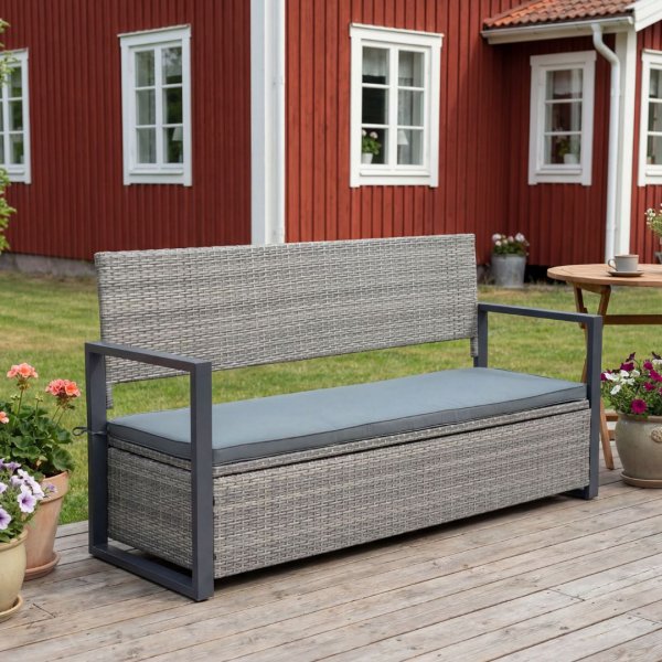 Bänk med dynförvaring 165 cm | Grå konstrotting | Dynor ingår | Boxvik Bänk med dynförvaring 165 cm | Grå konstrotting | Dynor ingår | Boxvik