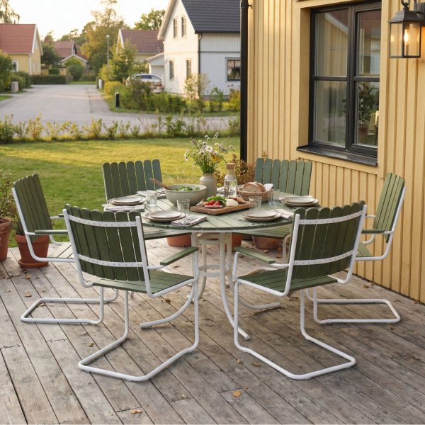 Gl�nta rund matgrupp utomhus | 6 stolar & �135 cm bord | Gr�n/vit