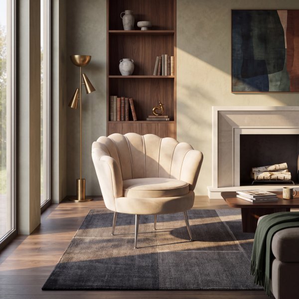 Fåtölj | Beige sammet, kromben & elegant design | Kingsley Fåtölj | Beige sammet, kromben & elegant design | Kingsley