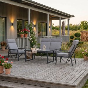 Loungegrupp i aluminium med recliner – Soffa, 2 stolar & bord | Apelviken Loungegrupp i aluminium med recliner – Soffa, 2 stolar & bord | Apelviken