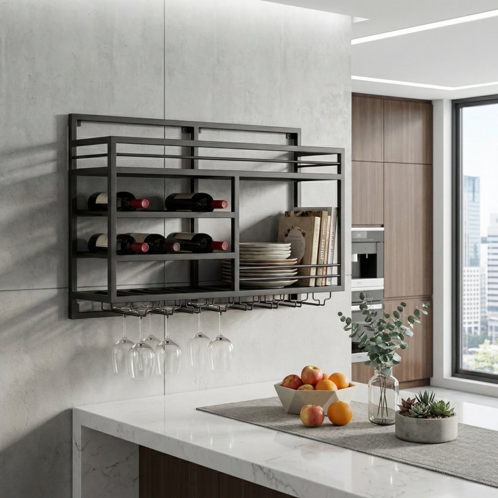 Vinhylla v&auml;ggh&auml;ngd  Vin & glasf&ouml;rvaring  Tom h&ouml;ger  99 &times; 25 &times; 65 cm  Obsidian