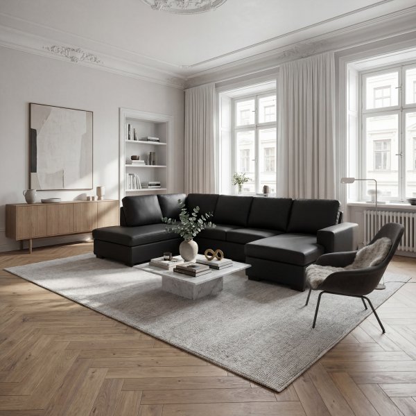 U-soffa | Divan, �ppet avslut & kallskum | Solna Gr�/Svart PU