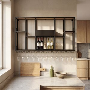 V�ggh�ngd barhylla i svart metall | Vin, glas & flaskf�rvaring | 150 � 120 cm