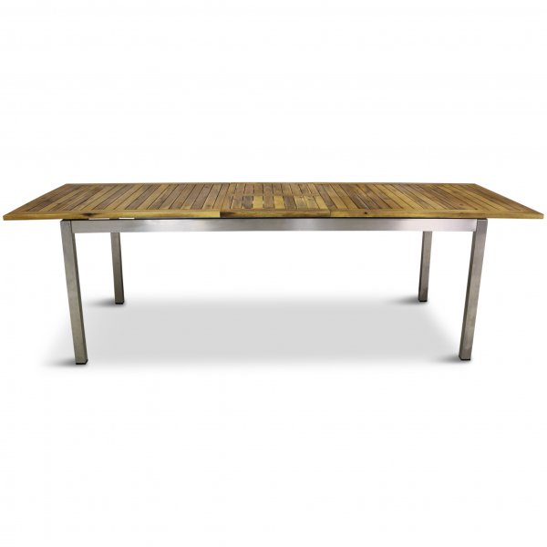 F�rl�ngningsbart bord 200-250cm + 8 stolar - Rostfritt st�l och oljad Acacia