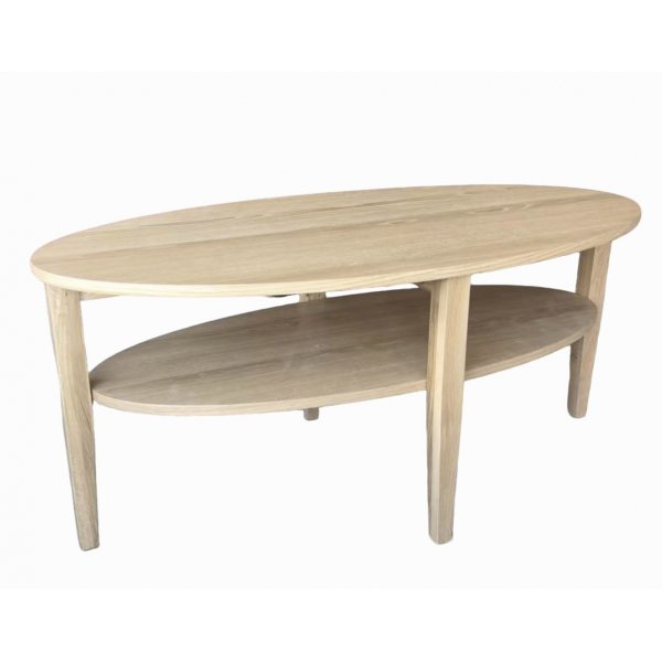 Soffbord 120 cm | Oljad ek, oval design & praktisk hylla | Atlanta