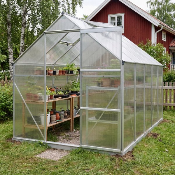 Klassiskt v�xthus i aluminium 5,9 m� | UV-skyddad kanalplast & bas ing�r