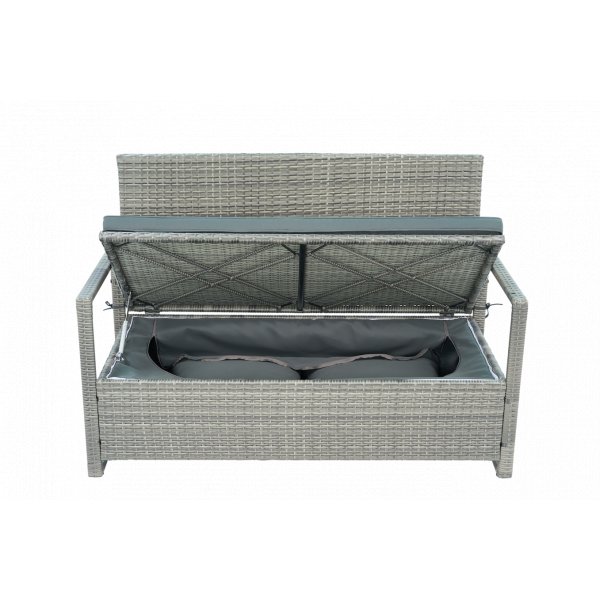 B�nk med dynf�rvaring 129 cm | Gr� konstrotting | Dynor ing�r | Boxvik