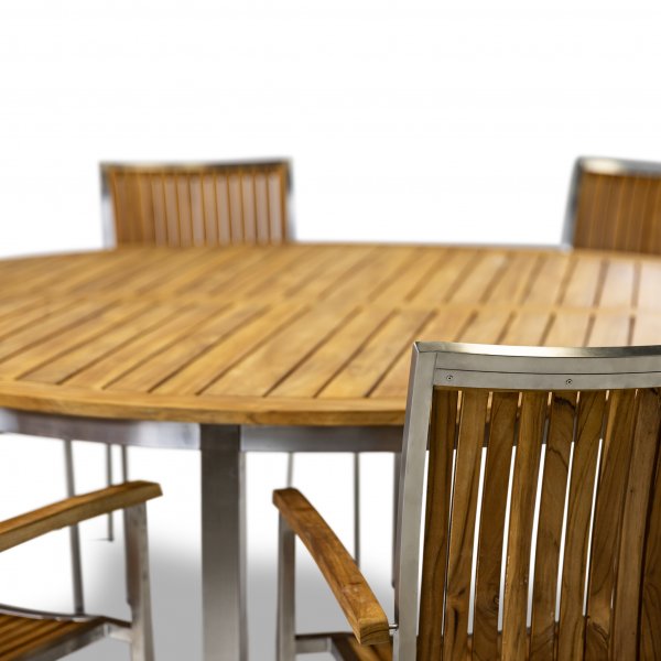 Stor rund trädgårdsgrupp i teak / rostfritt stål | Bord & 8 stolar Stor rund trädgårdsgrupp i teak / rostfritt stål | Bord & 8 stolar