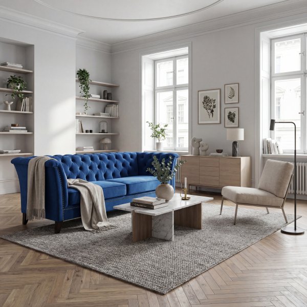 Chesterfieldsoffa 3-sits | Bl� sammet, kallskum & avtagbar kl�dsel | Milton