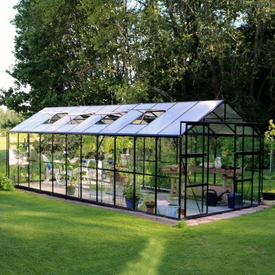 Glasväxthus 17,5 m2 | 5 års stormgaranti | 4mm säkerhetsglas | Svart | Yta: 17,5 m2 (6,81 x 2,57 m)