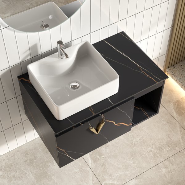 Luxe Badrumspaket 80 cm  Skifferbnkskiva, keramiskt tvttstll & LED-spegel | Mjukstngning