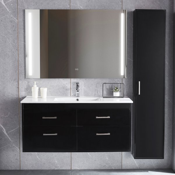 Badrumspaket | Kommod 120cm | Hgskp & LED-spegel |Svart